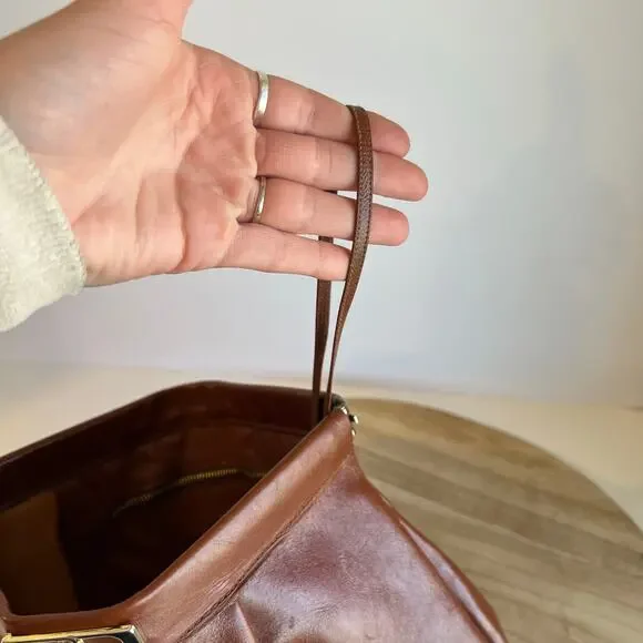 Vintage 90s Tan Genuine Leather Snap Closure Clutch Evening Bag - Picture 5 of 12